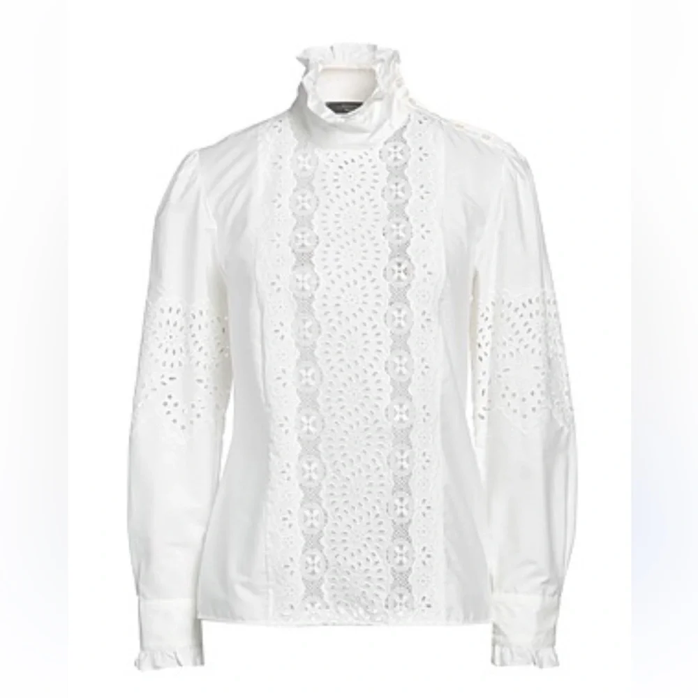 MaxMara Weekend Mock Neck Long Sleeve White Eyelet Blouse - Picture 4 of 13